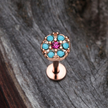 Detail View 1 of Rose Gold Turquoise Boho Circle Sparkle Top Steel Labret-Turquoise/Fuchsia
